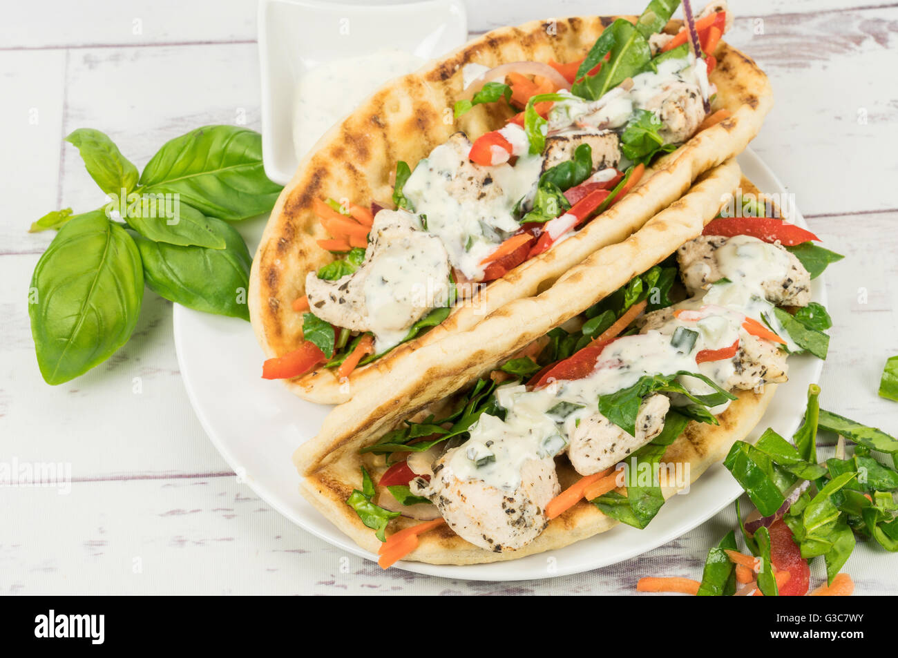 Two chicken souvlaki flatbread wrap sandwiches Stock Photo Alamy
