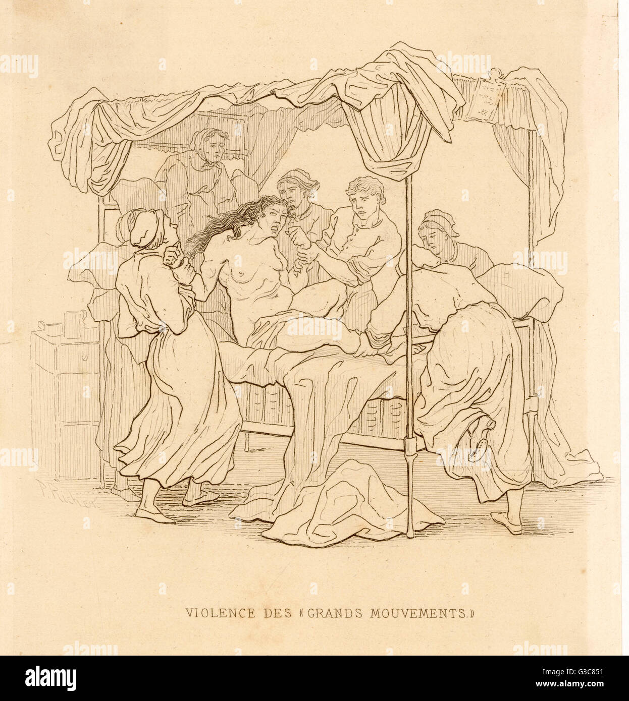 A woman in a state of frenzied  hysteria is restrained by six  attendants. This type of  behaviour was termed the  'Great Movements' ('Grande mouvements') in the 1800s     Date: 1881 Stock Photo