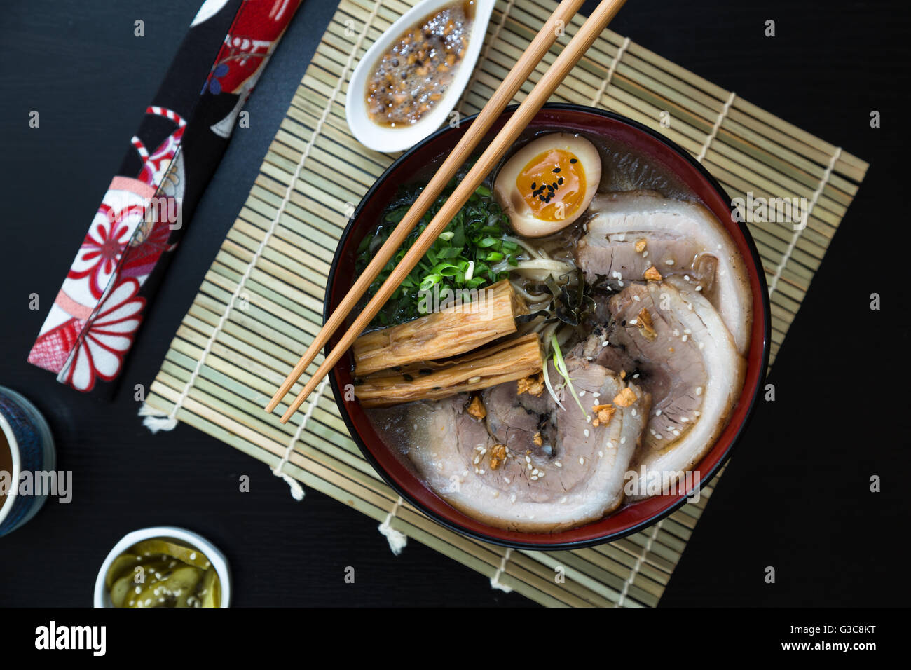 japanese tonkotsu ramen, pork bone broth noodles, top view Stock Photo