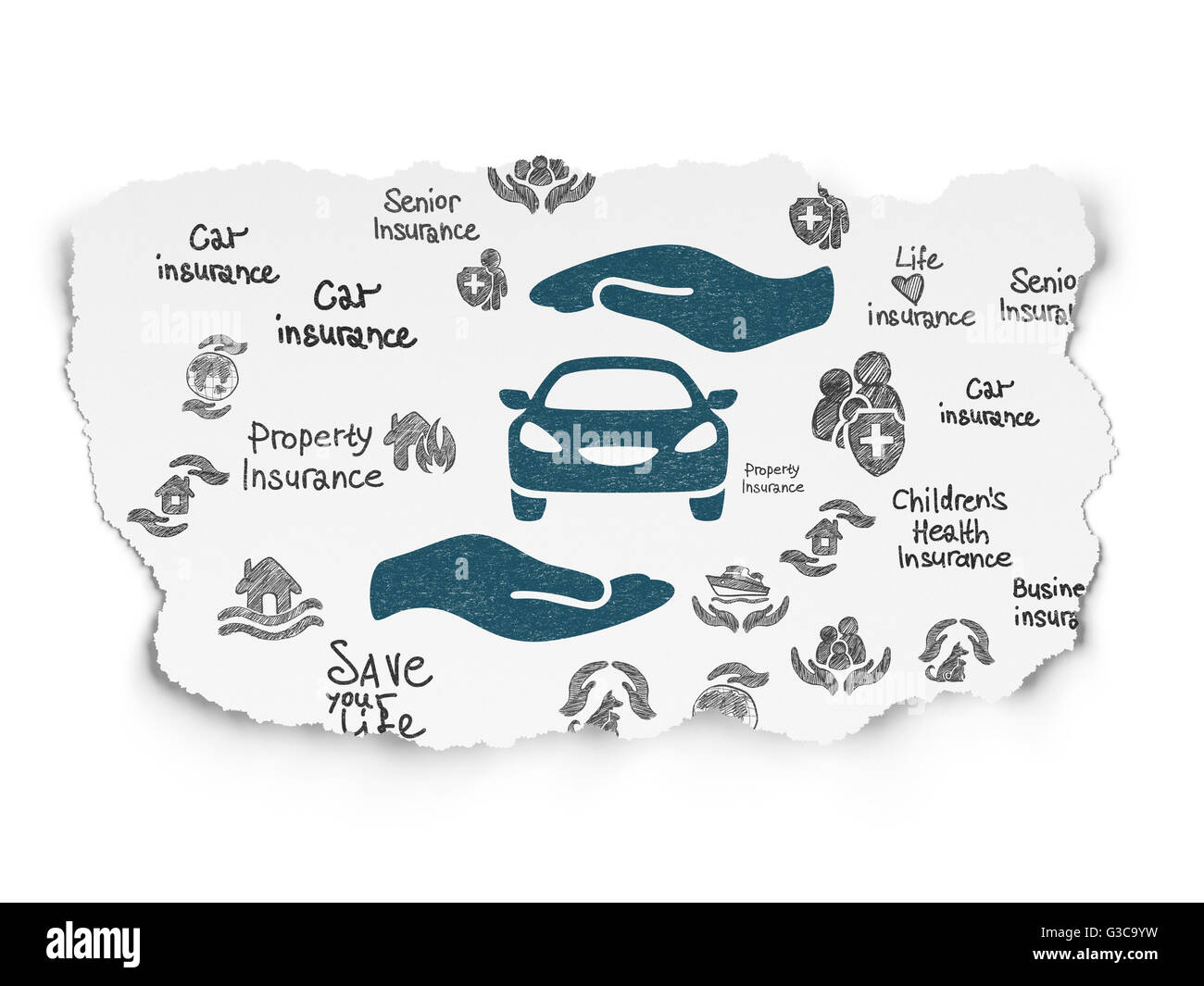 Insurance concept: Car And Palm on Torn Paper background Stock Photo ...