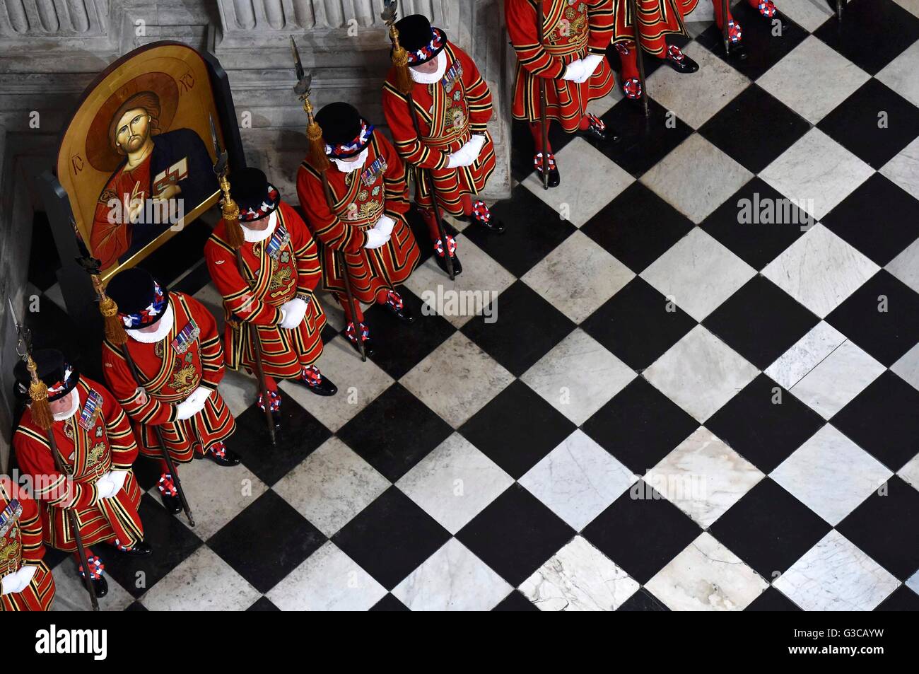 Yemoan of the Guard line-up at St Paul's Cathedral in London during a national service of thanksgiving to celebrate the 90th birthday of Queen Elizabeth II. Stock Photo