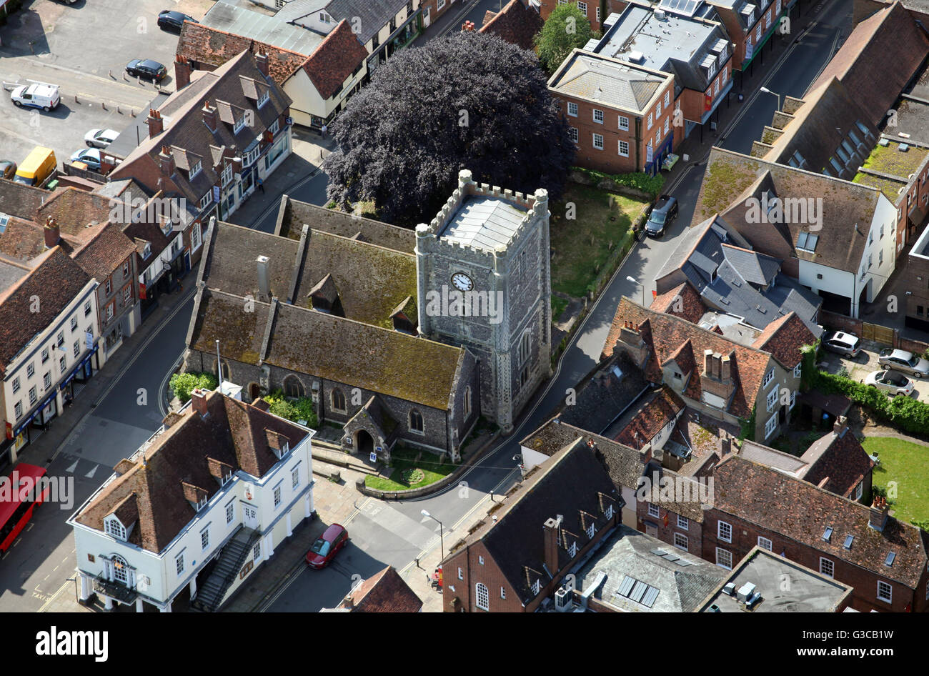 aerial view of St Mary le Moor Church in the Market Place, Wallingford, Oxfordshire, UK Stock Photo