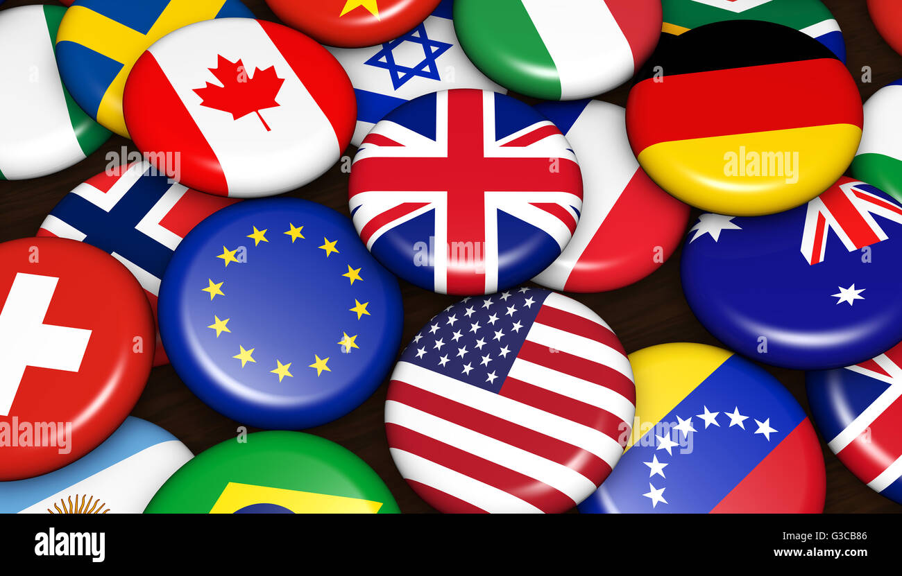 International and global business concept with world flags on scattered pin badges background 3d illustration. Stock Photo