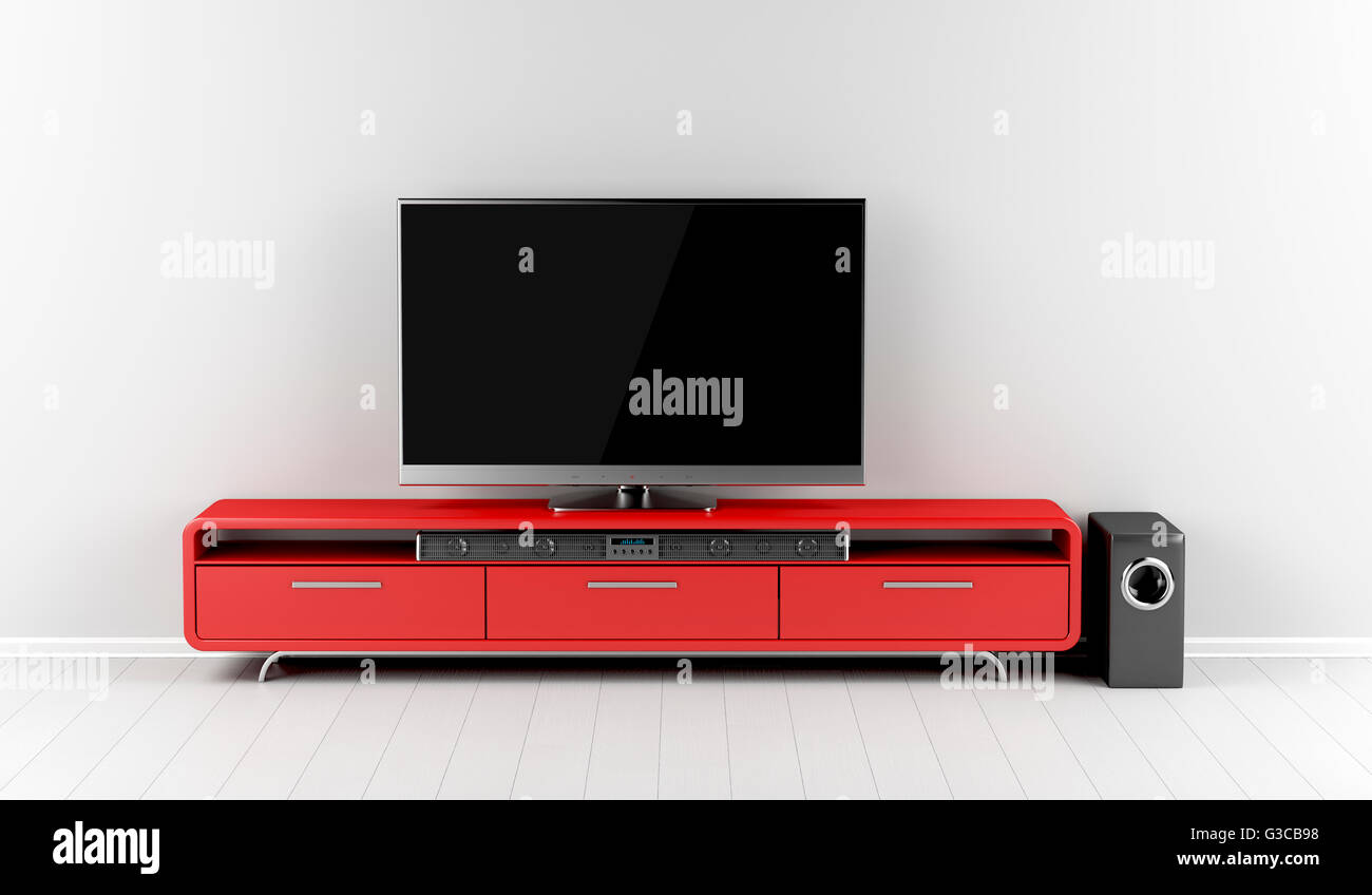 Tv with soundbar and subwoofer on tv stand Stock Photo - Alamy
