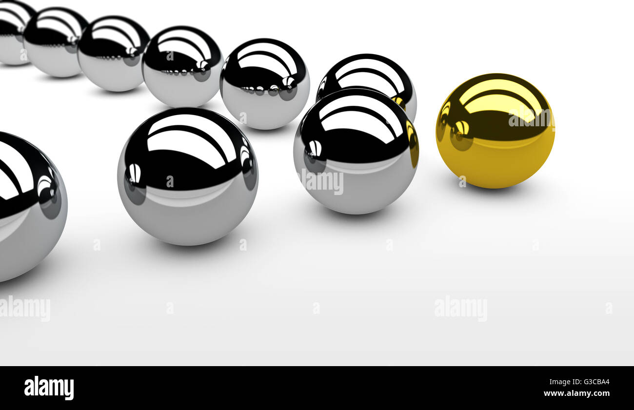 Business leadership concept with a gold leader sphere and silver followers 3D illustration. Stock Photo