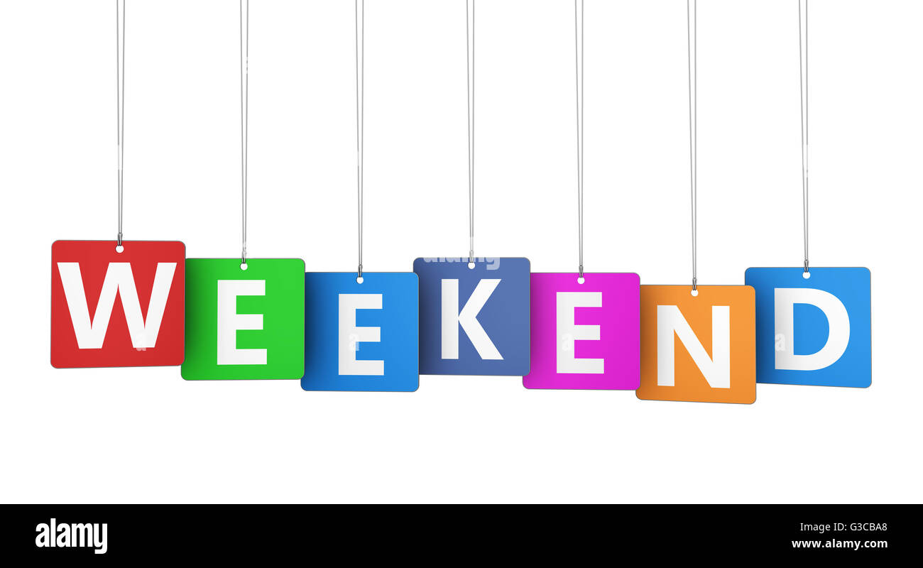 Weekend sign on colorful tags concept with word and letters 3D illustration isolated on white background. Stock Photo