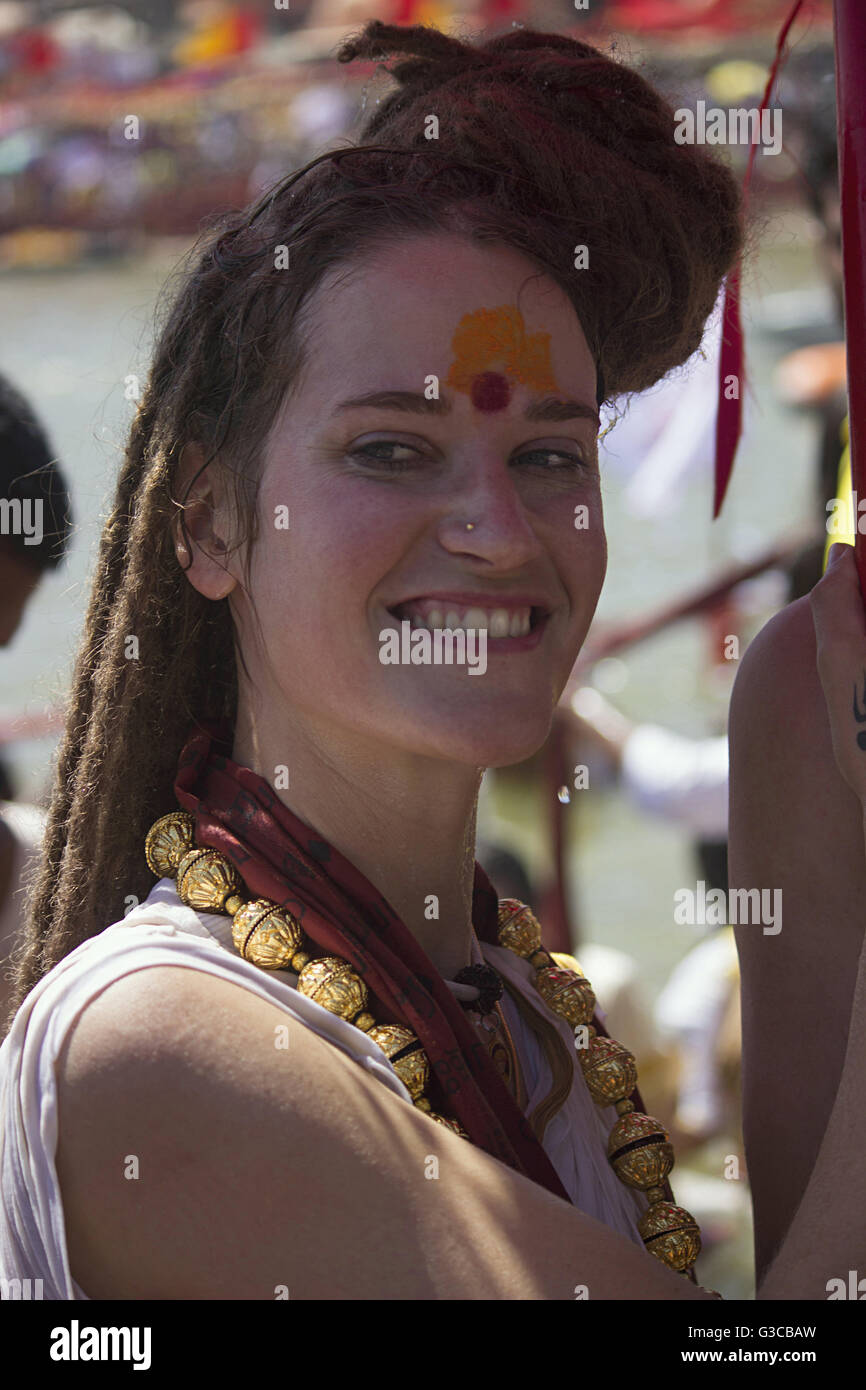 Sadhvi or female sadhu. Kumbh Mela 2016. Ujjain, Madhya Pradesh, India Stock Photo