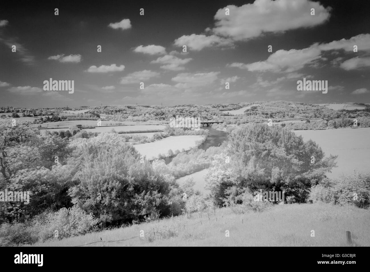 View of the Thames Valley at Hartslock, Oxfordshire, UK. Using a R72 infra-red filter to eliminate most of the visible spectrum. Stock Photo