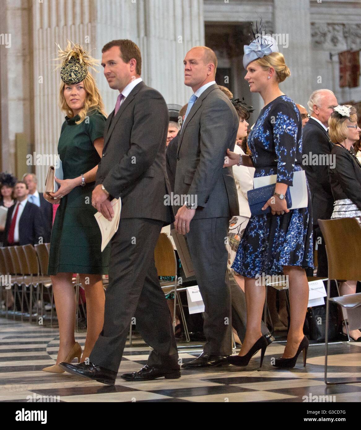 Peter Phillips and wife, Autumn, Zara Tindall and husband Mike at the  national service of thanksgiving to mark the 90th birthday of Queen  Elizabeth II in St Paul's Cathedral, London Stock Photo -