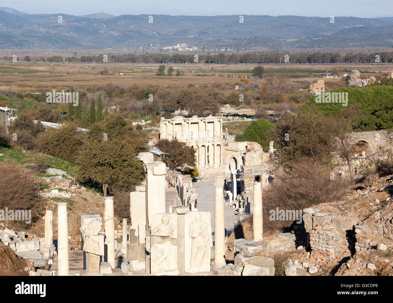 The view of Ephesus main street leading down to the Library of Celsus (Turkey). Stock Photo