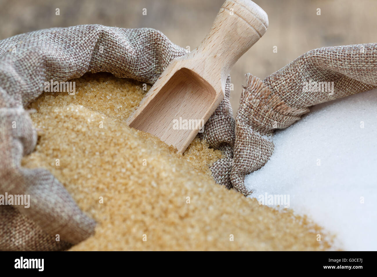 Various types of sugar, brown sugar and white Stock Photo