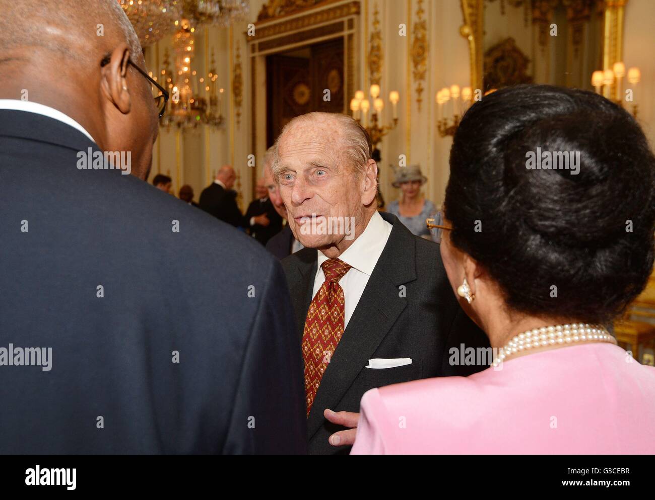 The Duke of Edinburgh meets guests during a reception ahead of the Governor General's lunch at Buckingham Palace in London. Stock Photo
