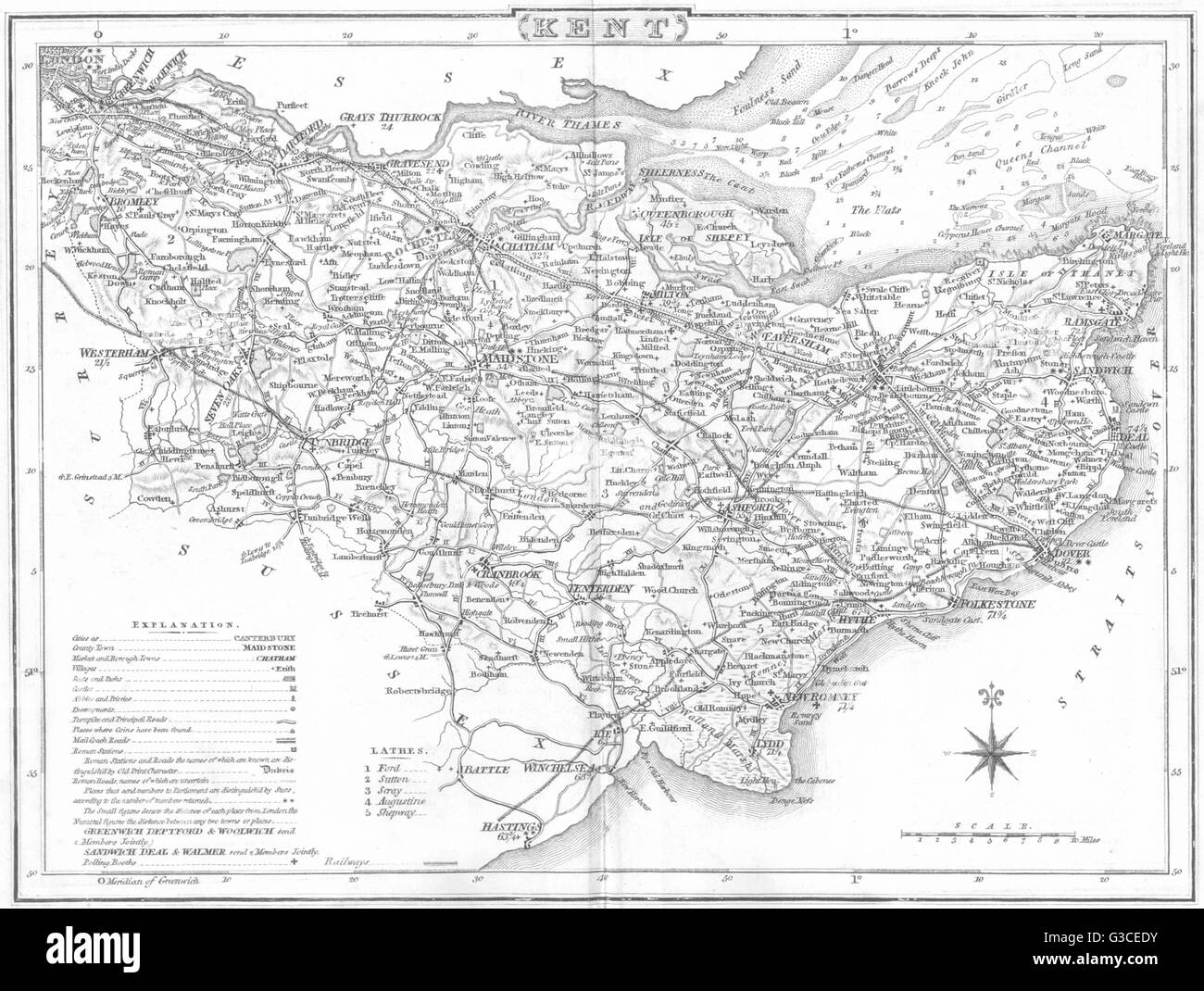 KENT County map. Polling places. Coach roads. DUGDALE, 1845 Stock