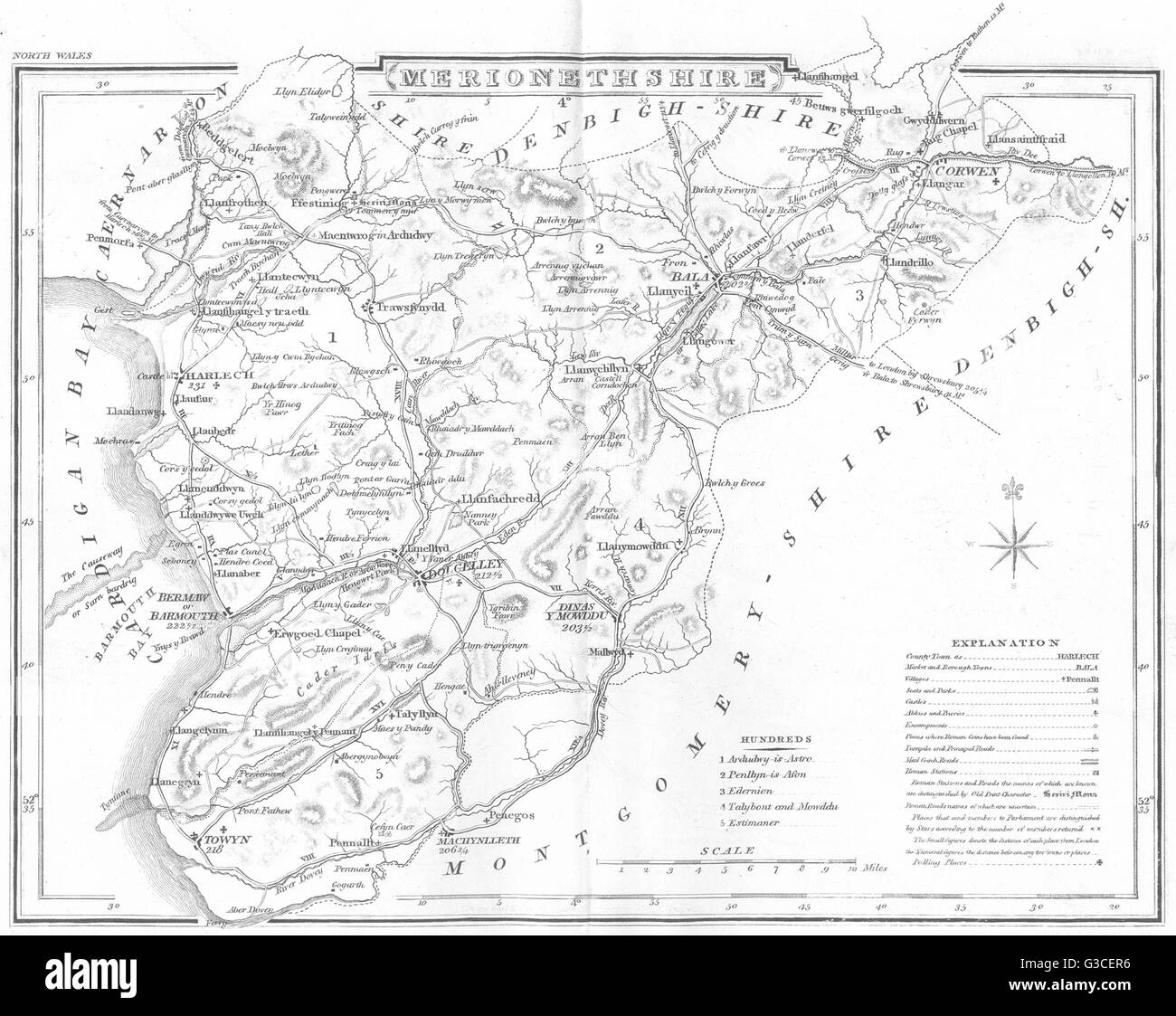 MERIONETHSHIRE: County map. Polling places. Coach roads. DUGDALE, 1845 Stock Photo