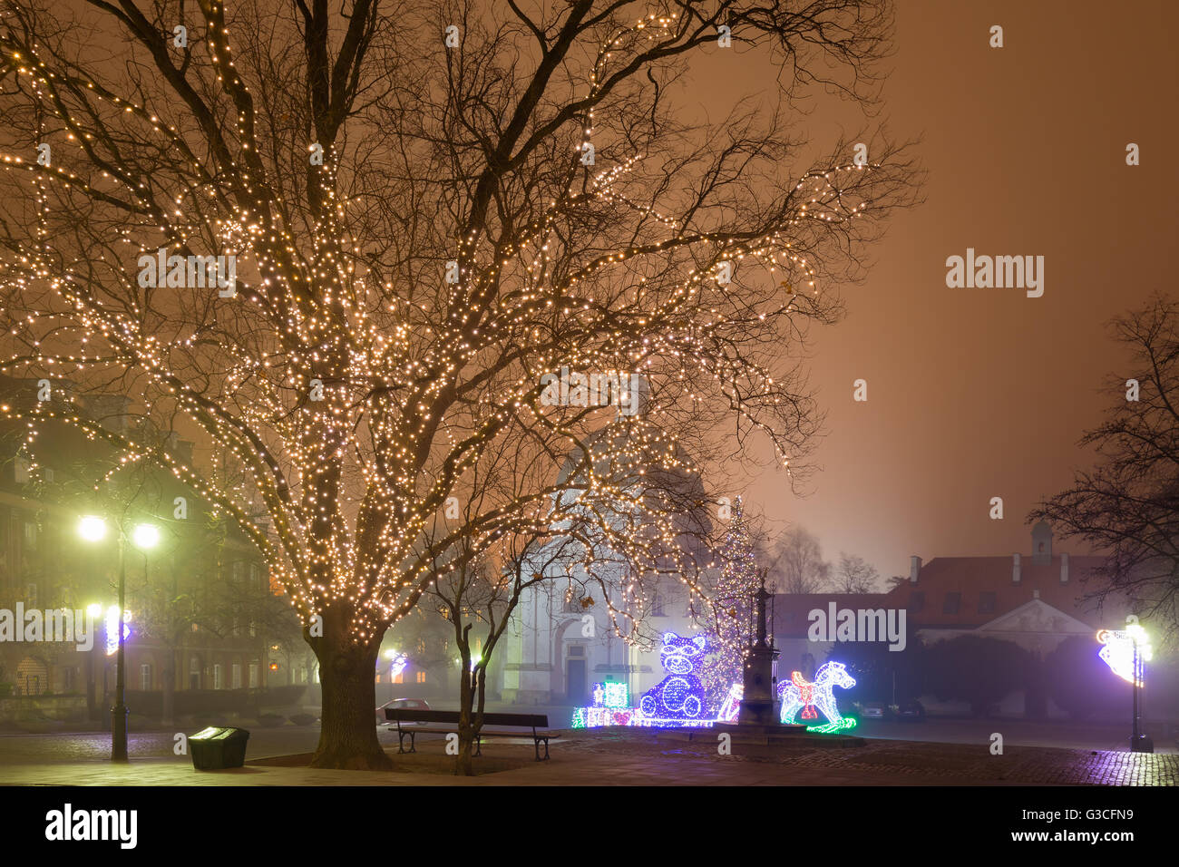Christmas decoration on the New Town Square in Warsaw at night Stock Photo