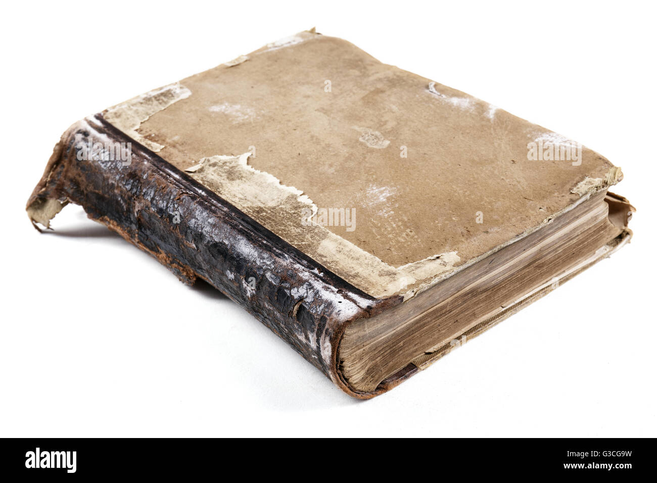 Old damaged book on white background Stock Photo Alamy