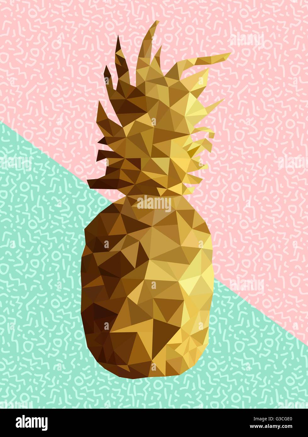 Retro summer concept illustration of pineapple fruit gold low poly design with memphis style shapes background in soft pink blue Stock Vector