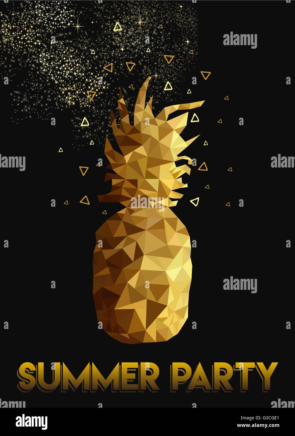 Retro summer party celebration design of pineapple in gold low poly style with night sky and stars background for invitation Stock Vector