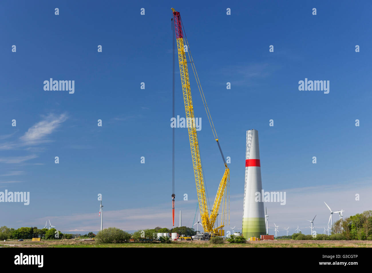 wind plant under construction in the 'Windpark Arle', close Westerholt, East Frisia, Stock Photo