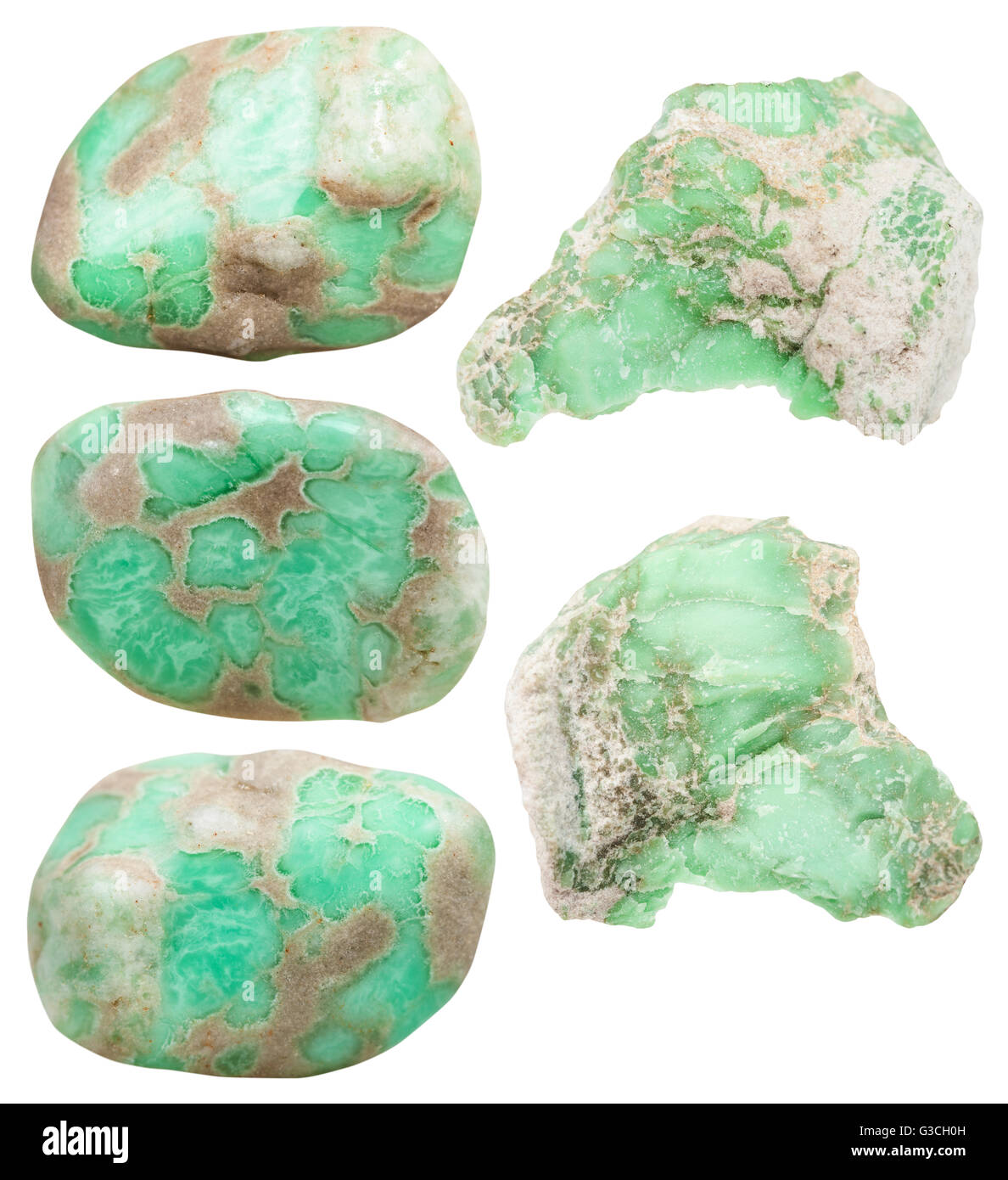 set of tumbled variscite mineral gemstones and raw natural rocks isolated on white background Stock Photo