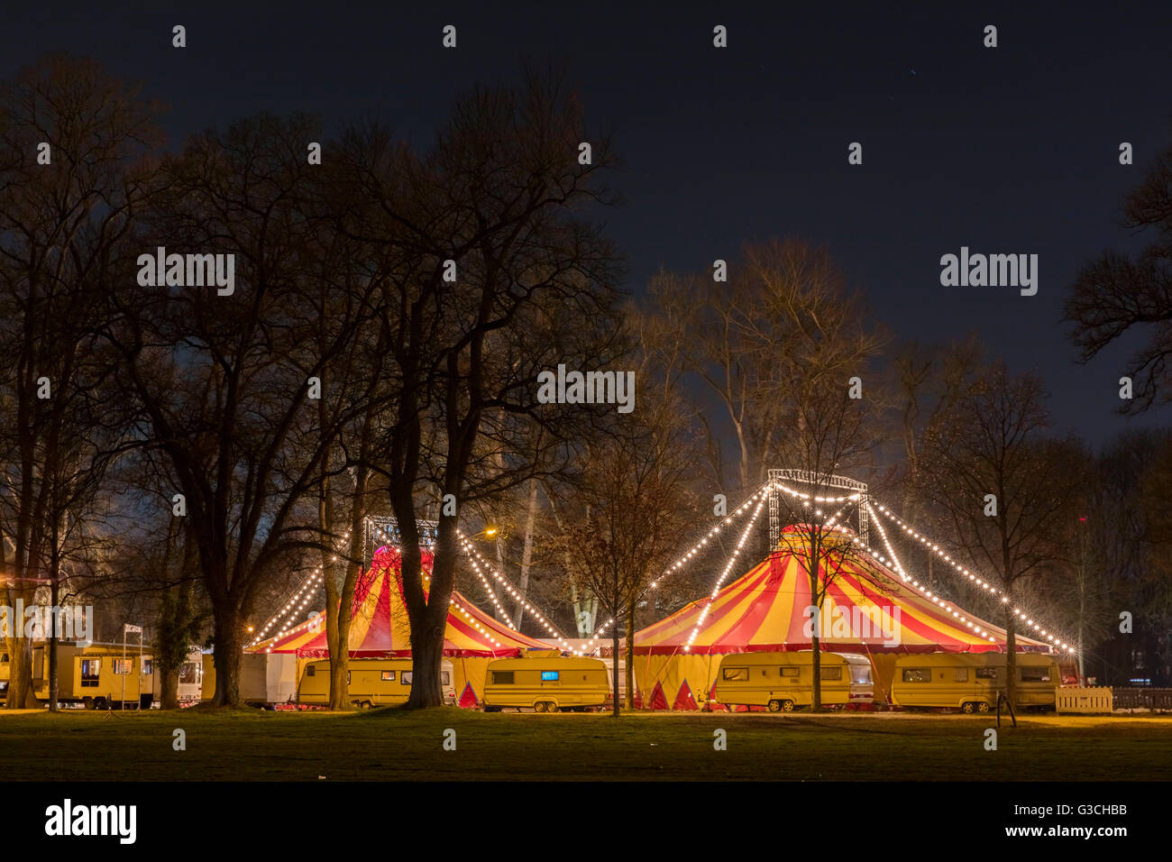 Landshut in the evening, Germany, Bavaria, Lower Bavaria, circus, tent, circus tent, lighting, light, lights, lamps Stock Photo