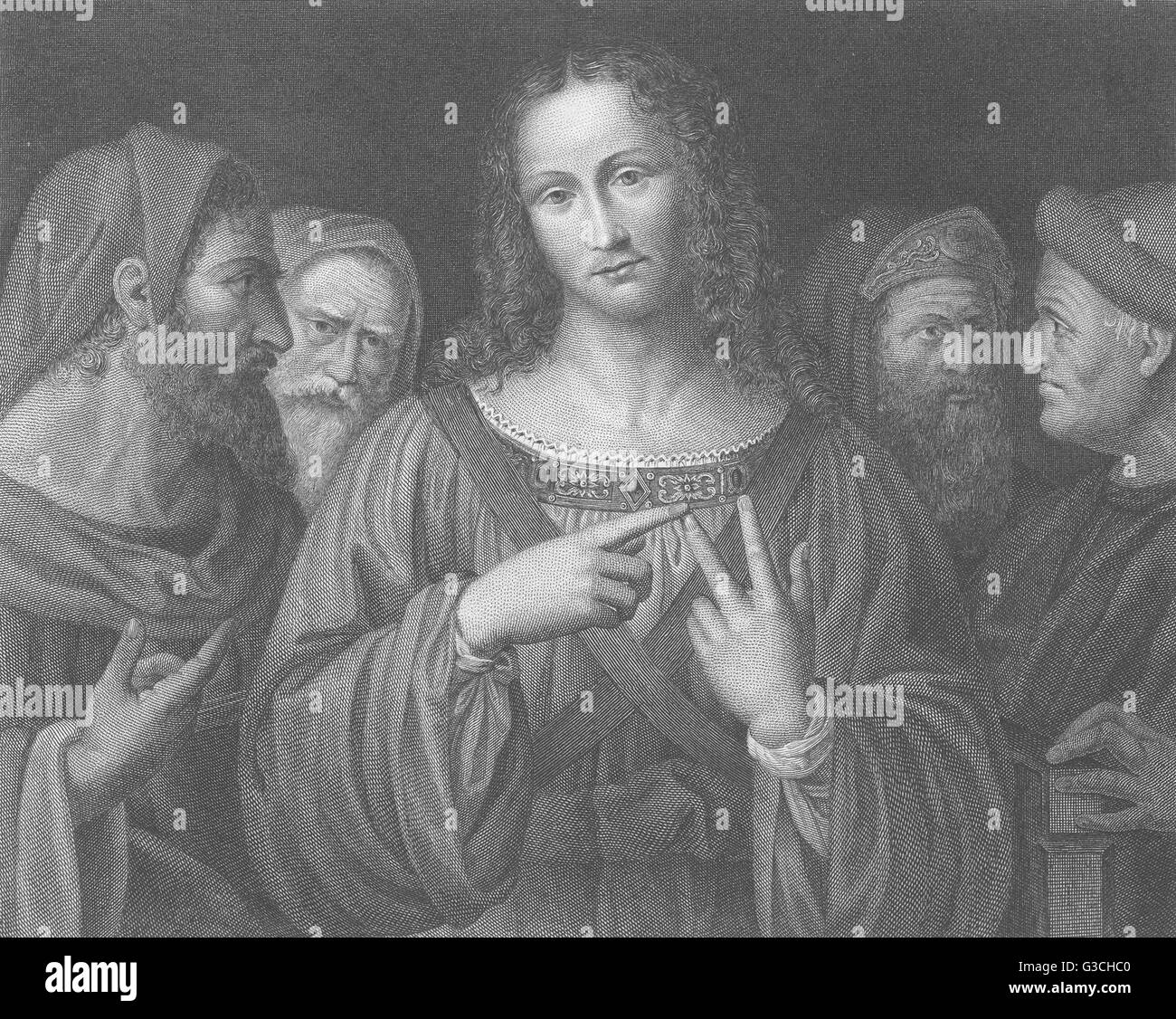CHRIST DISPUTING WITH THE DOCTORS: Leonardo da Vinci, antique print 1835 Stock Photo