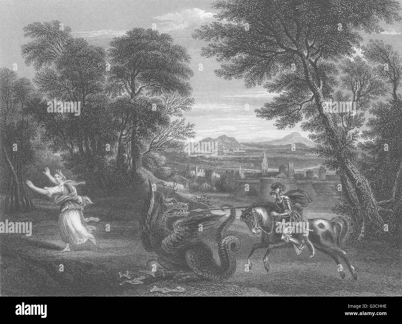 LANDSCAPE, WITH THE STORY OF ST GEORGE AND THE DRAGON: Domenichino, print 1835 Stock Photo
