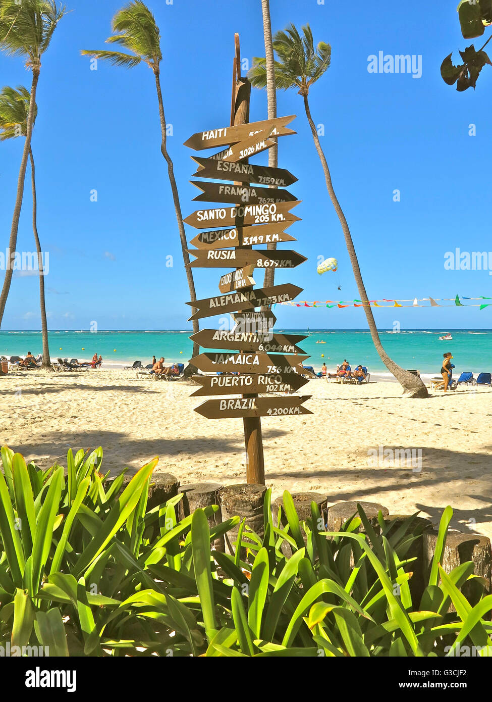 The Dominican Republic, Playa Bavaro, Punta Cana, beach, signpost Stock Photo