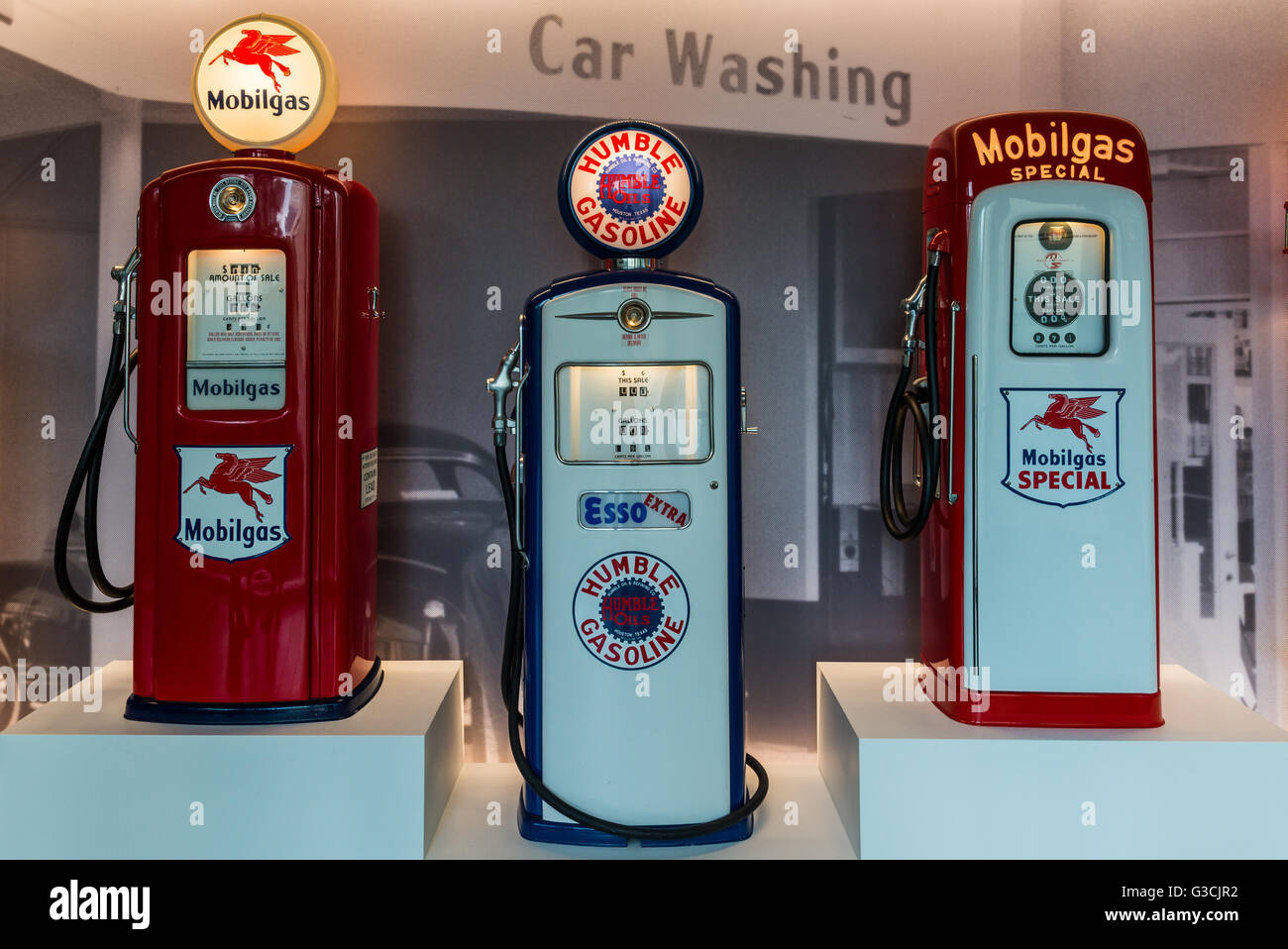 Vintage gas pumps in display. Stock Photo