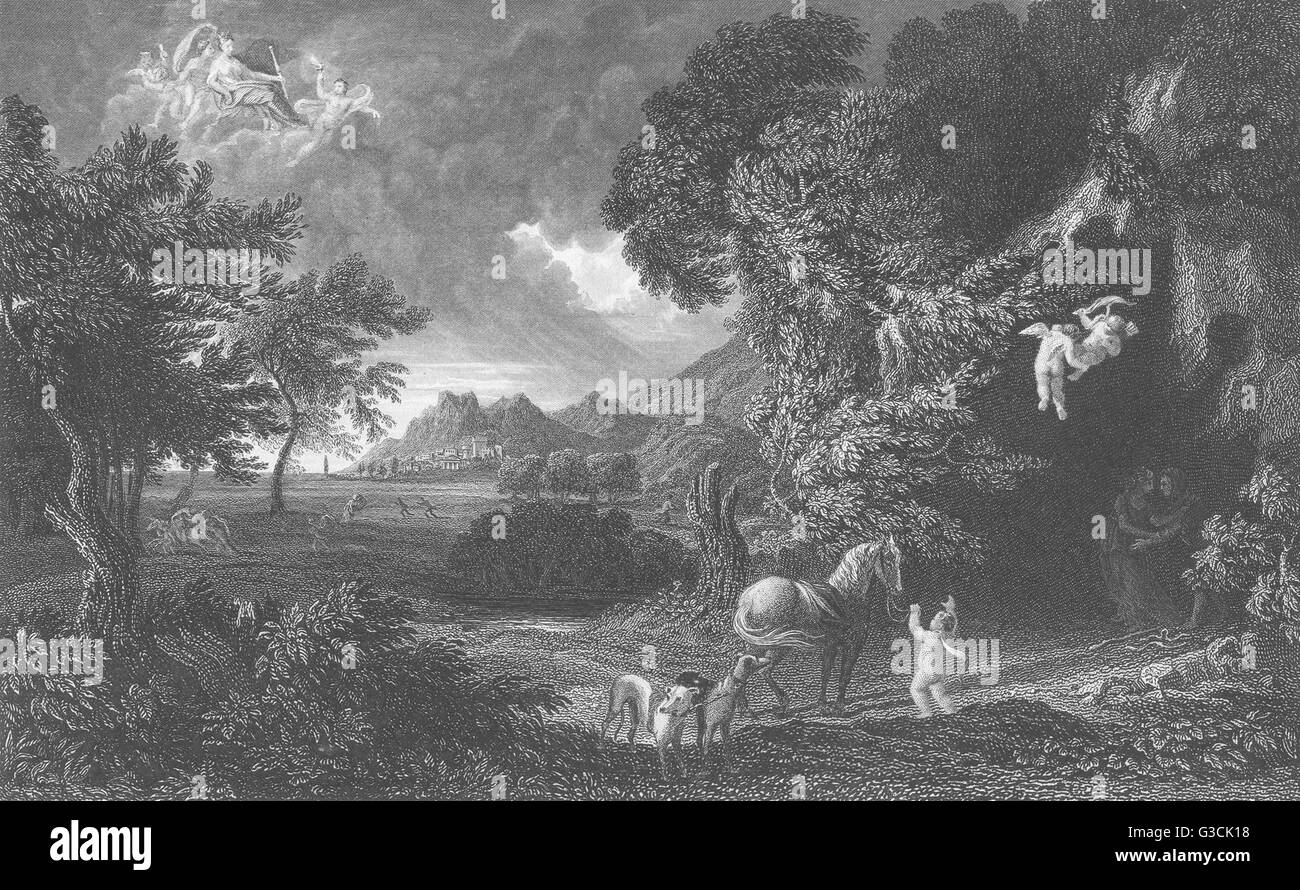 DIDO AND AENEAS IN THE STORM: by Gaspar Poussin, antique print 1835 Stock Photo