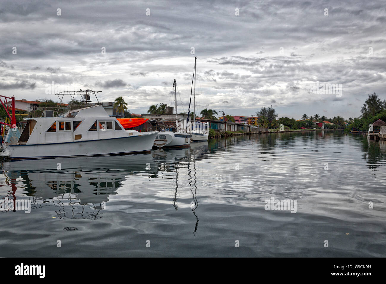 Storm clouds, view to the marina from the restaurant Palmares, Marina Hemingway, Havana, La Habana, Cuba, the republic Cuba, the Greater Antilles, the Caribbean, America, North America Stock Photo