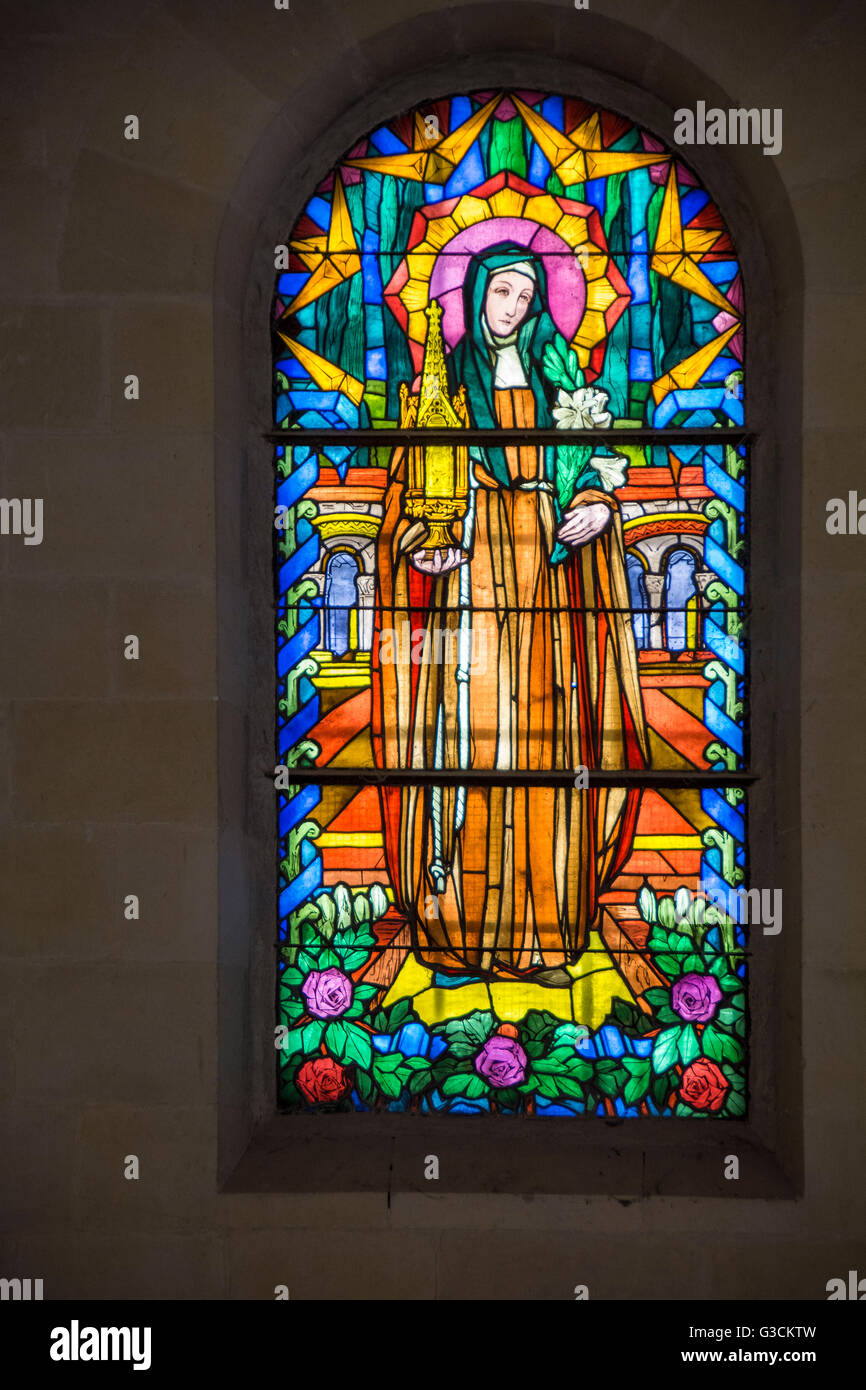 Israel, West Bank, Nazareth, St. Joseph's Church, interior, glass window, depiction of Mary