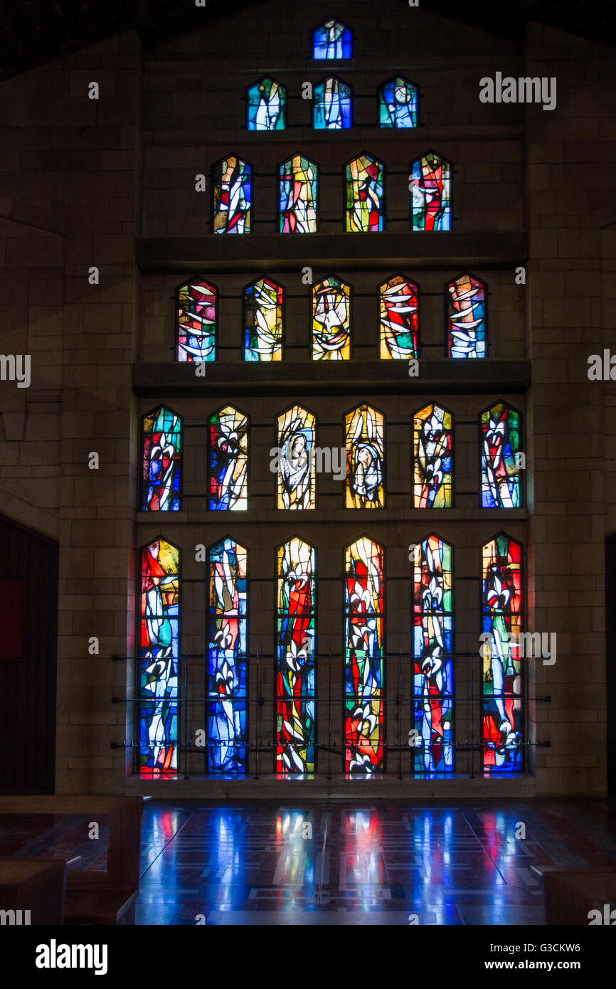 Israel, West Bank, Nazareth, Church of the Annunciation, interior, upper church, glass window