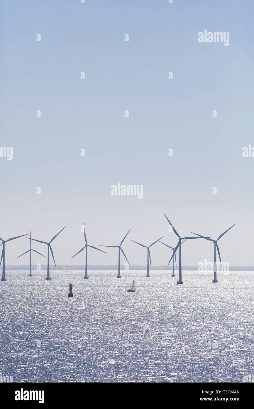 Wind turbines in the Baltic Sea, near Öresund Bridge, Stock Photo