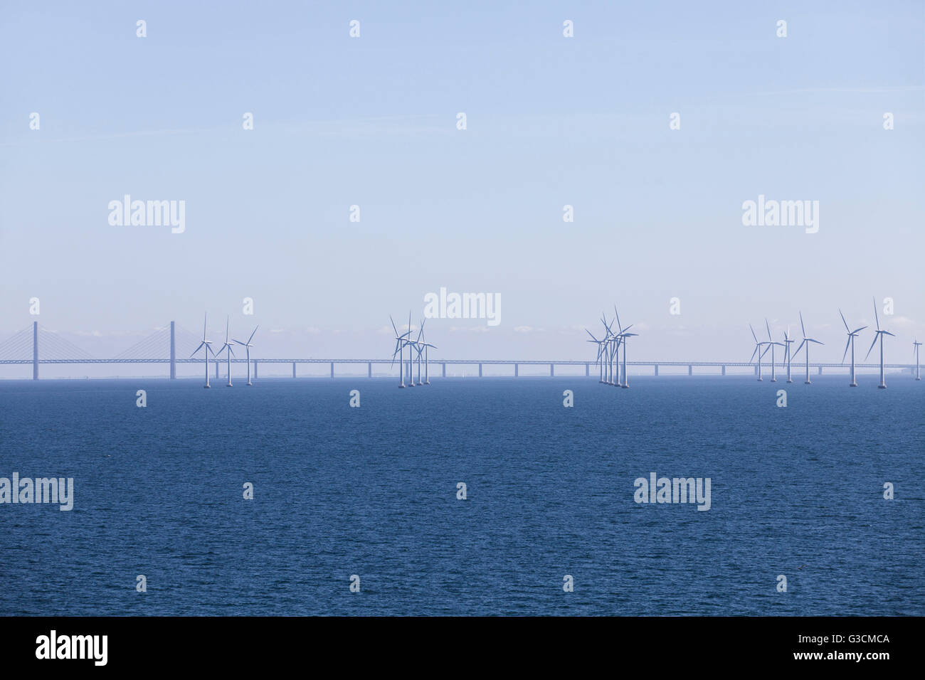 Oeresund Bridge and wind farm, Stock Photo