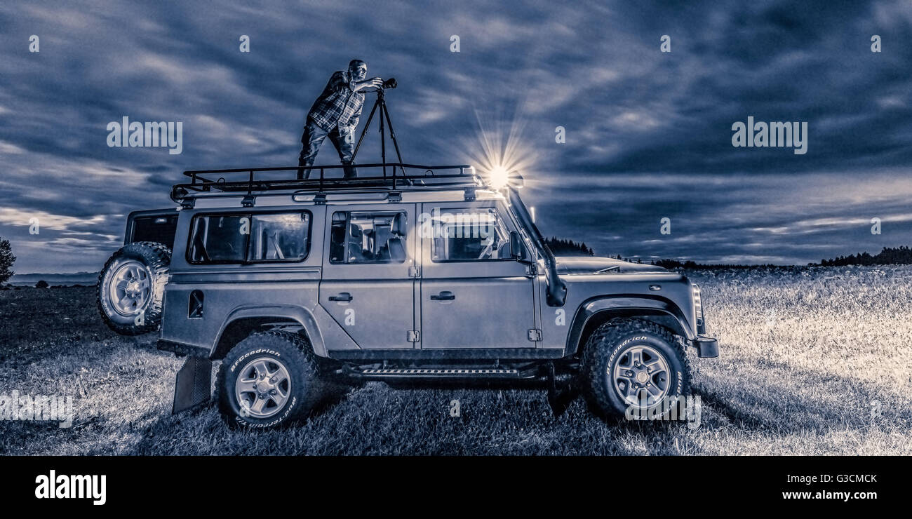 Night photography on a Defender, Germany, landscape, night, Land Rover, Defender Stock Photo
