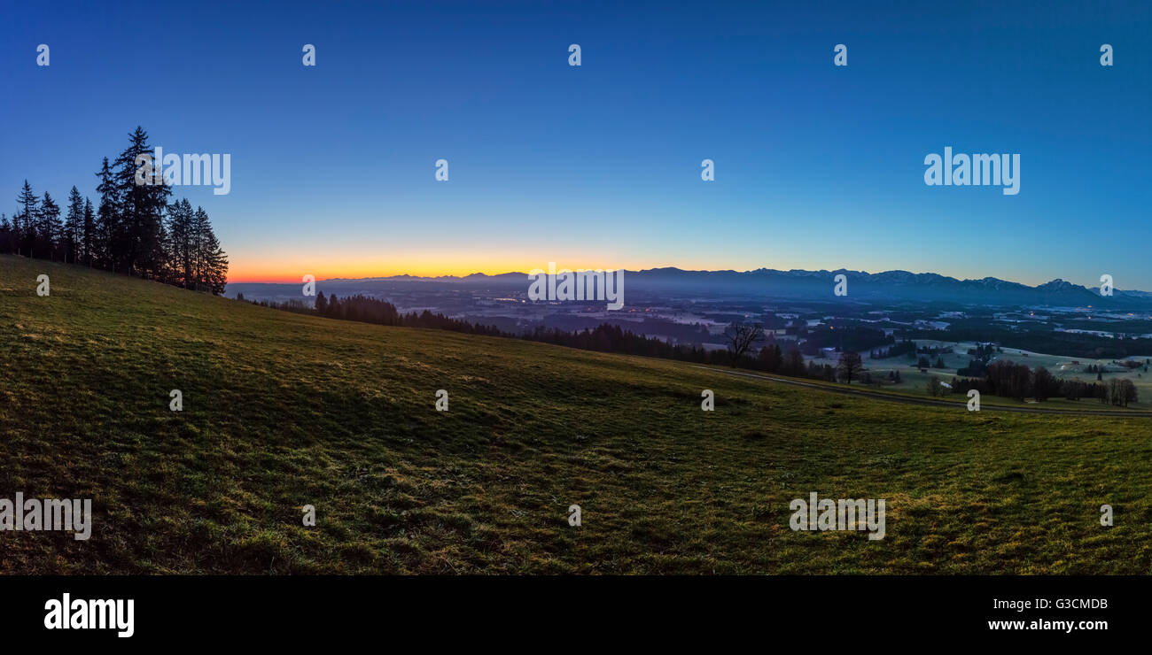 Alpine panorama on the Auerberg, Germany, Bavaria, Allgäu, Auerberg, Alps, alpine upland, red sky, sunrise Stock Photo