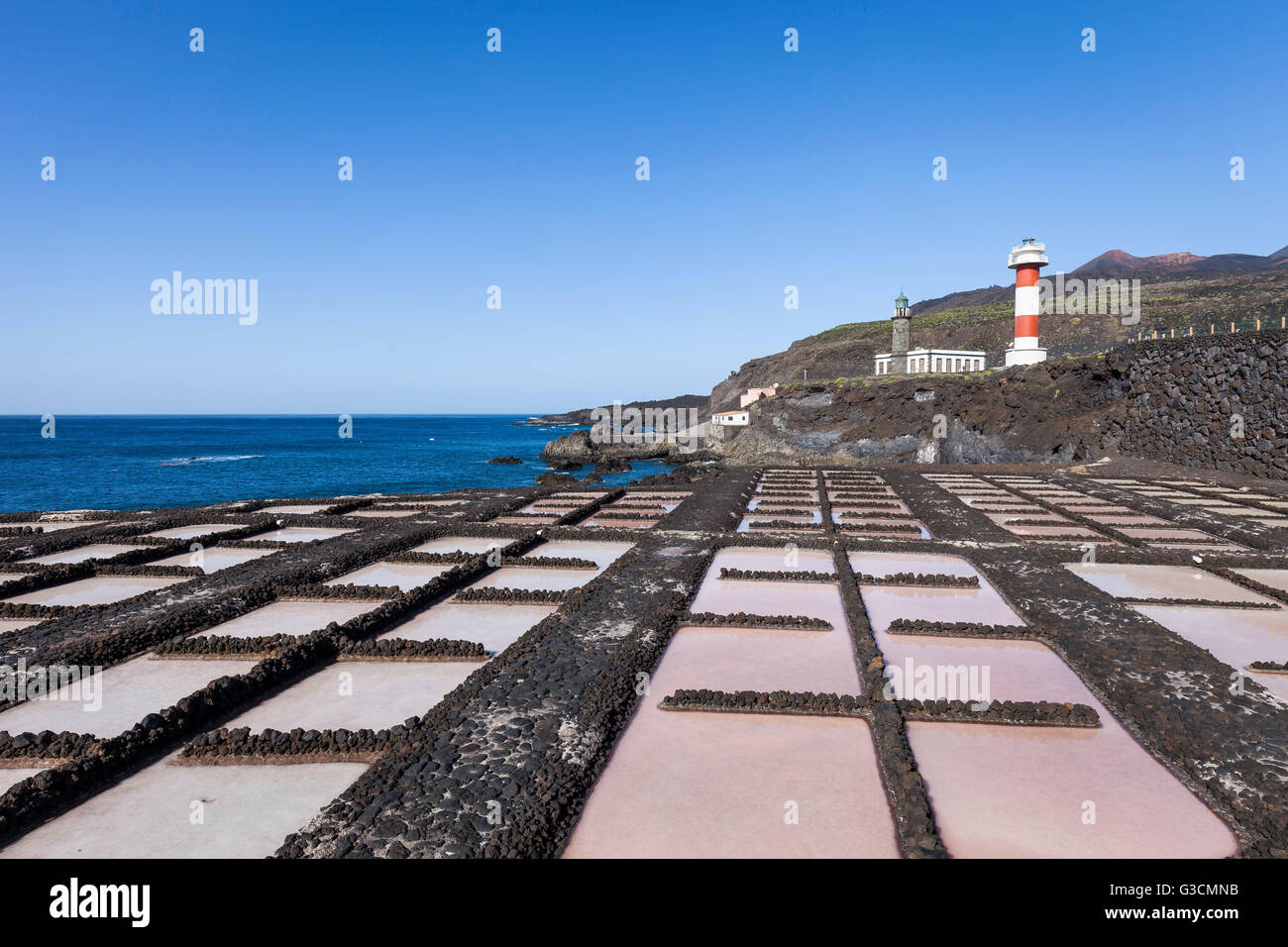 Salt pools near the saltworks of Fuencaliente, old and new lighthouse, south coast, La Palma, Canary Islands, Spain, Europe Stock Photo