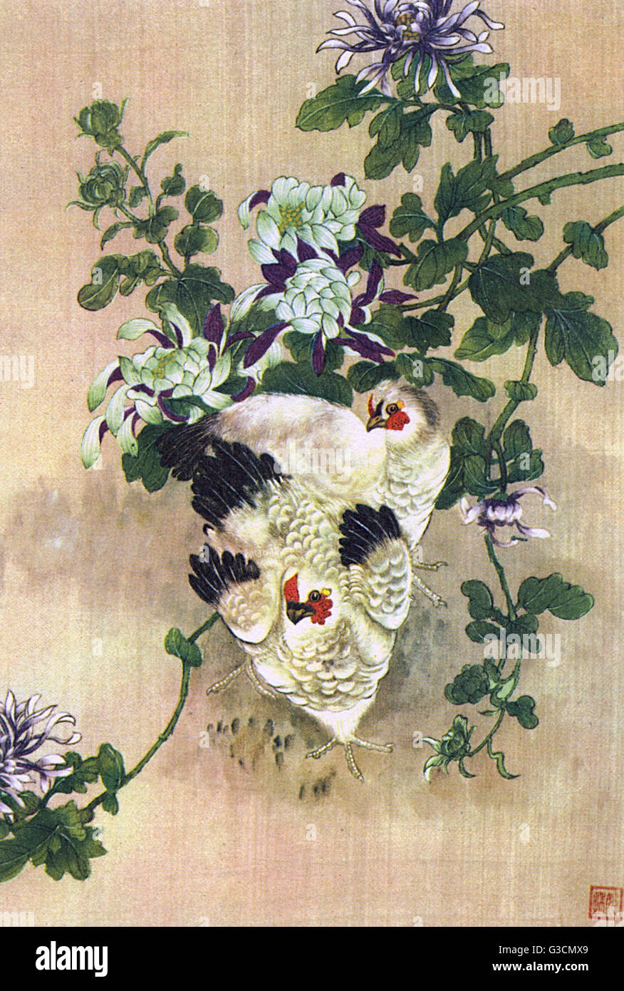 Chinese art, two birds on a branch with white flowers.      Date: early 20th century Stock Photo