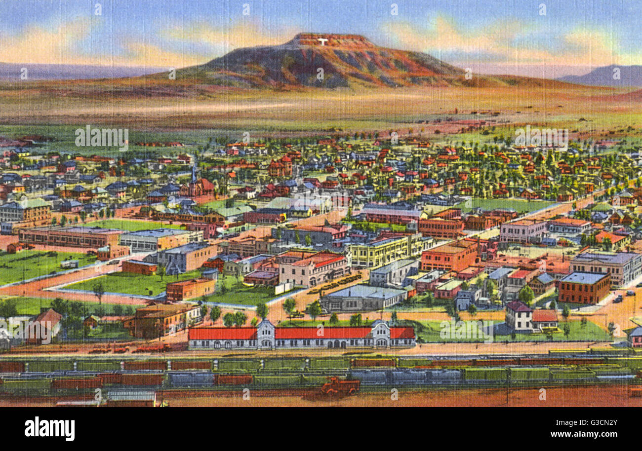 Aerial view of Tucumcari, New Mexico, USA, with the railroad depot in the foreground. Date 1940