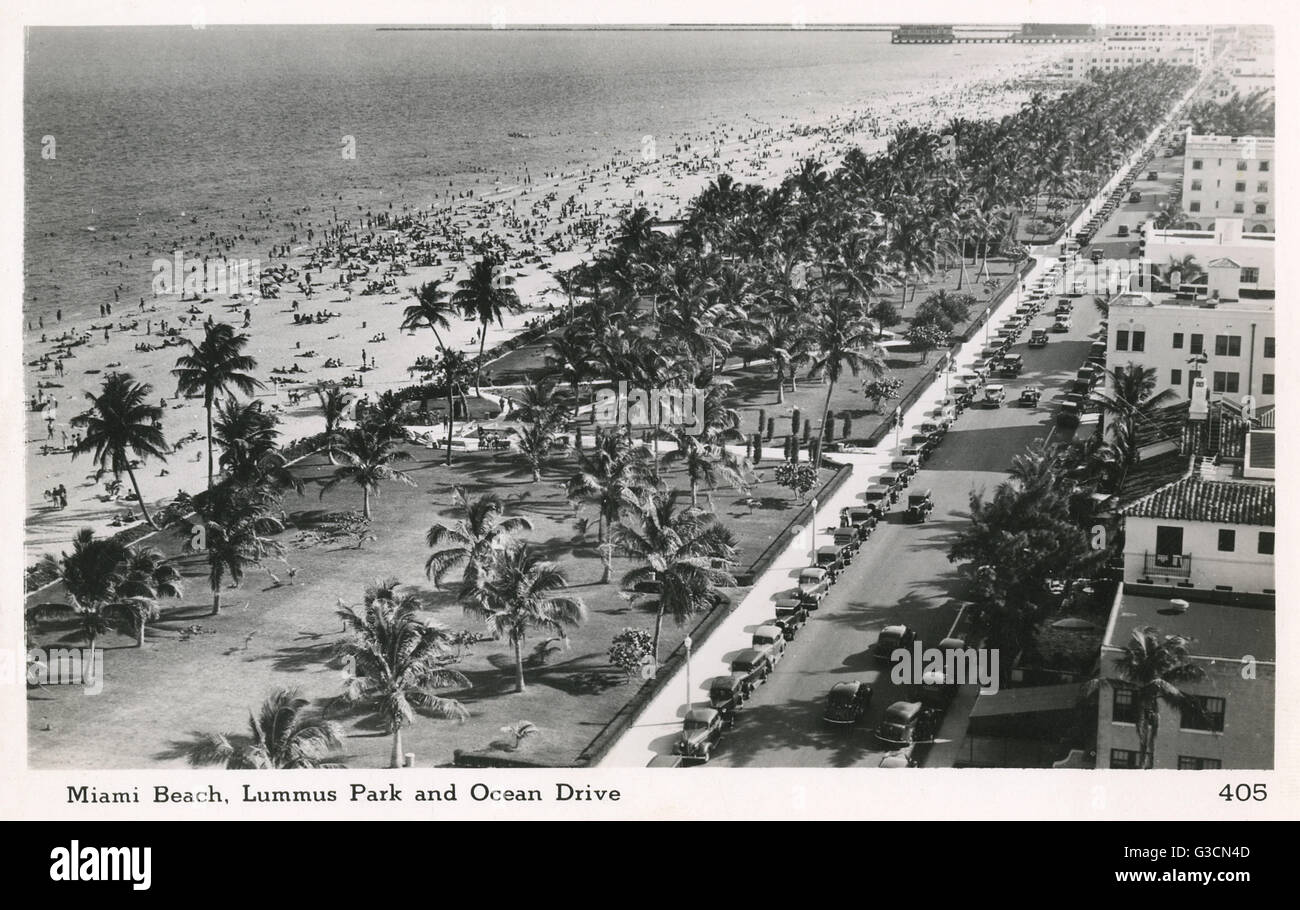 Aerial view of Miami Beach, Lummus Park and Ocean Drive, Florida, USA.      Date: late 1930s Stock Photo