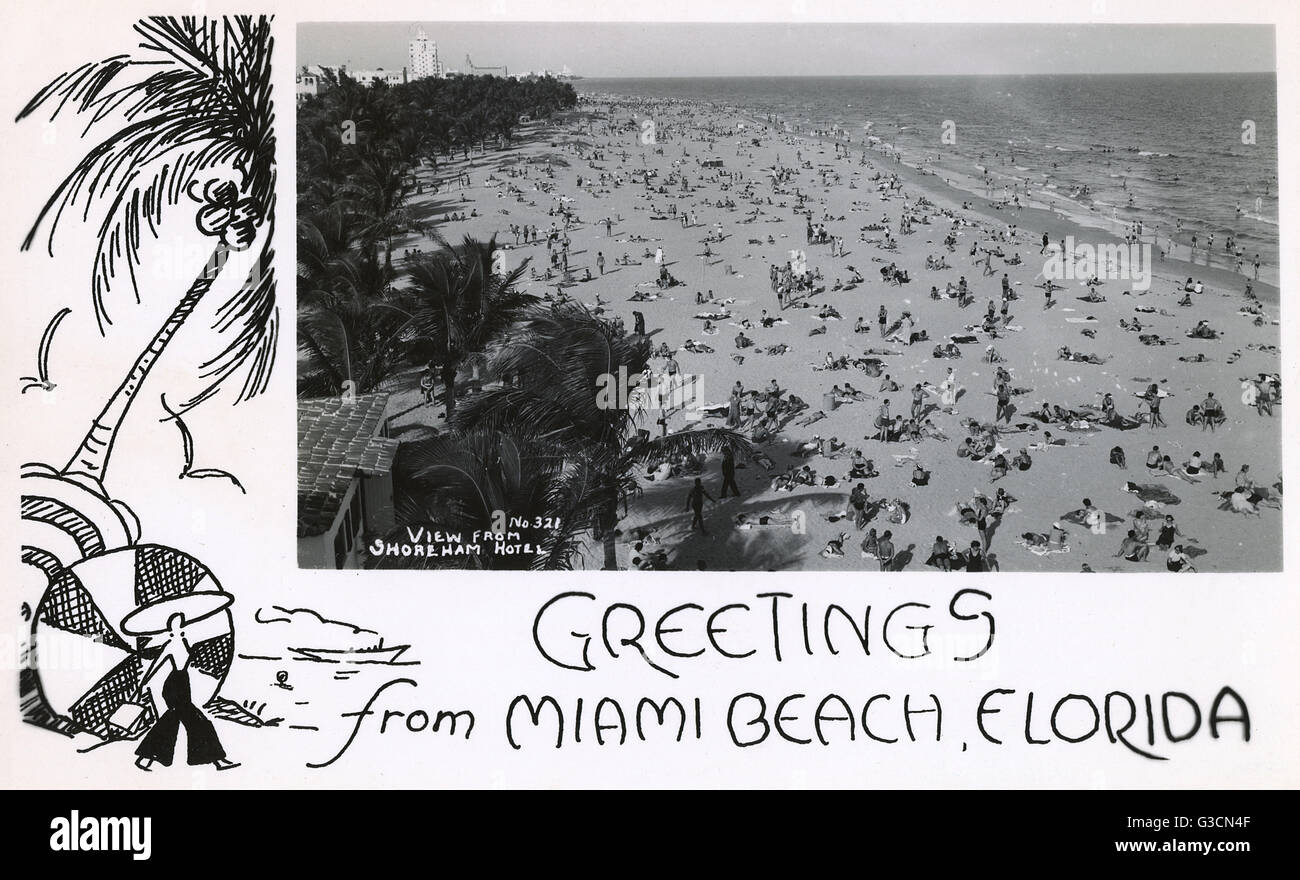 Miami Beach, FL, postcard folder. Linen, c.1940s. 16 images. Florida.