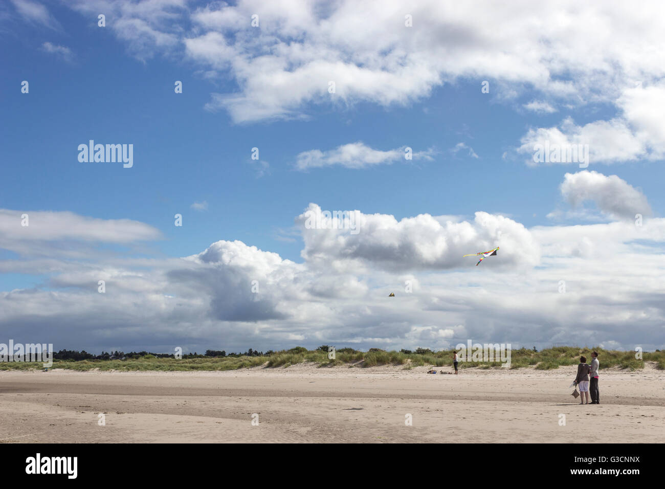 Scotland, Highlands, Nairn, People Walking on the Beach, Imprints in the Sand, Grass Area, Scottish Landscape, Beach, Blue Skies, Flying Kites Stock Photo