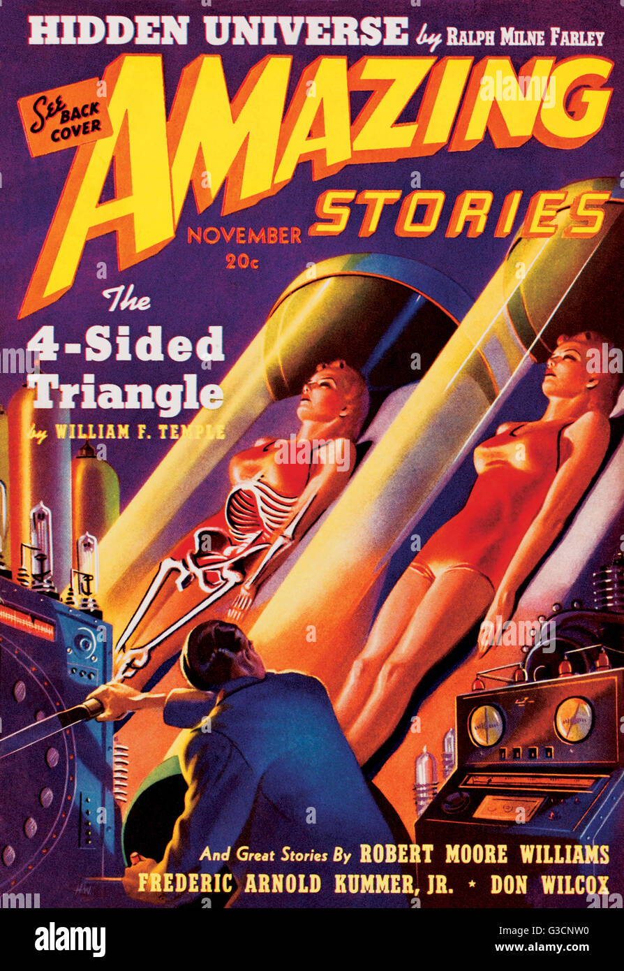 THE 4-SIDED TRIANGLE, by William F Temple. A scientist clones the body of a young woman in his laboratory in this futuristic science fiction magazine cover      Date: 1939 Stock Photo