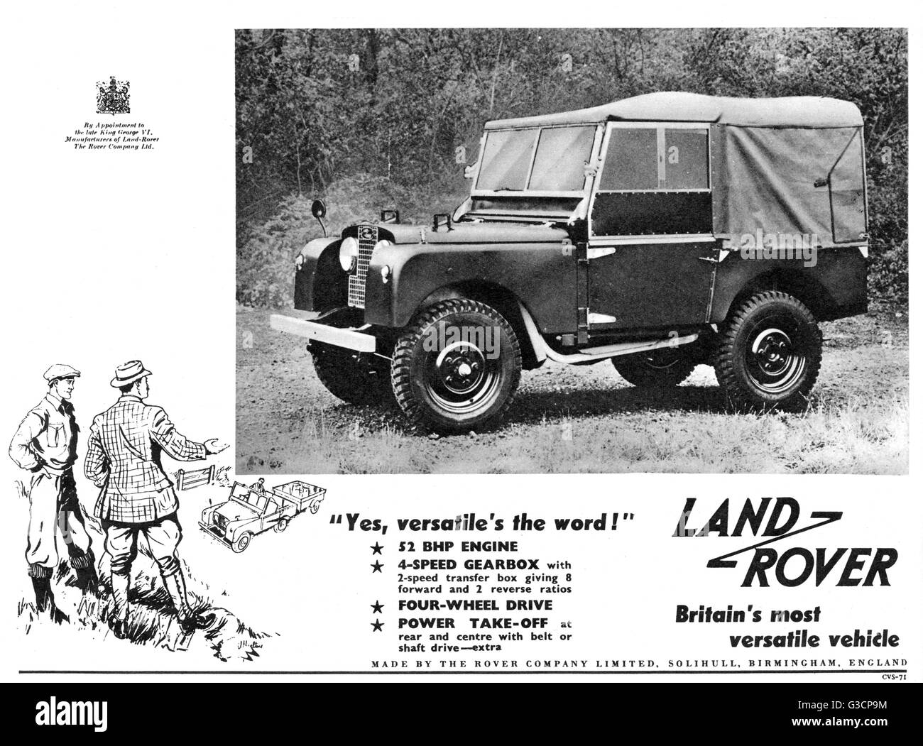 Advertisement for Land Rover, Britain's most versatile vehicle.     Date: 1953 Stock Photo