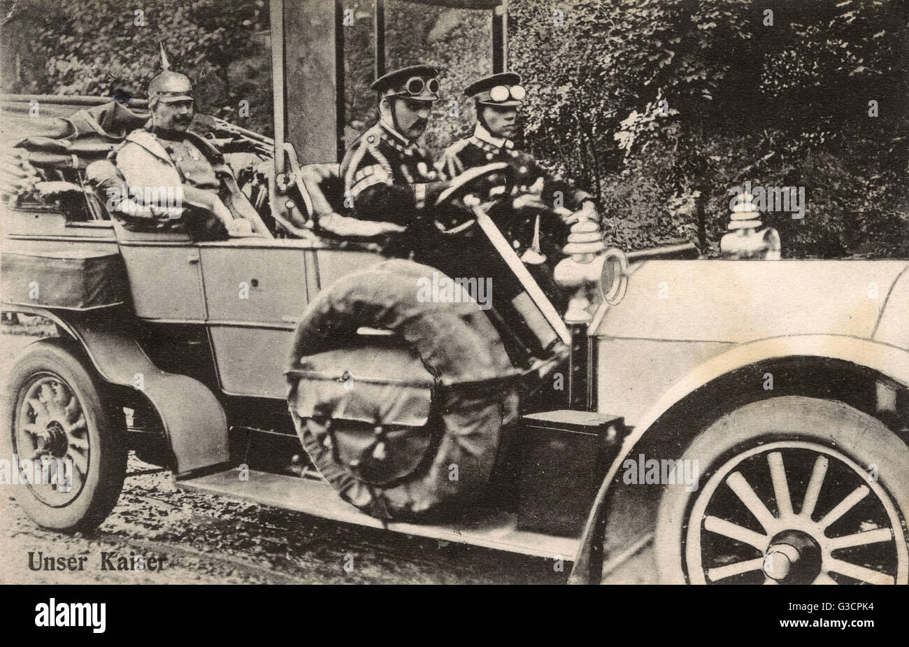 German Emperor Kaiser Wilhelm II - travelling by car (a very early Mercedes Simplex Phaeton). Date: 1906 Stock Photo
