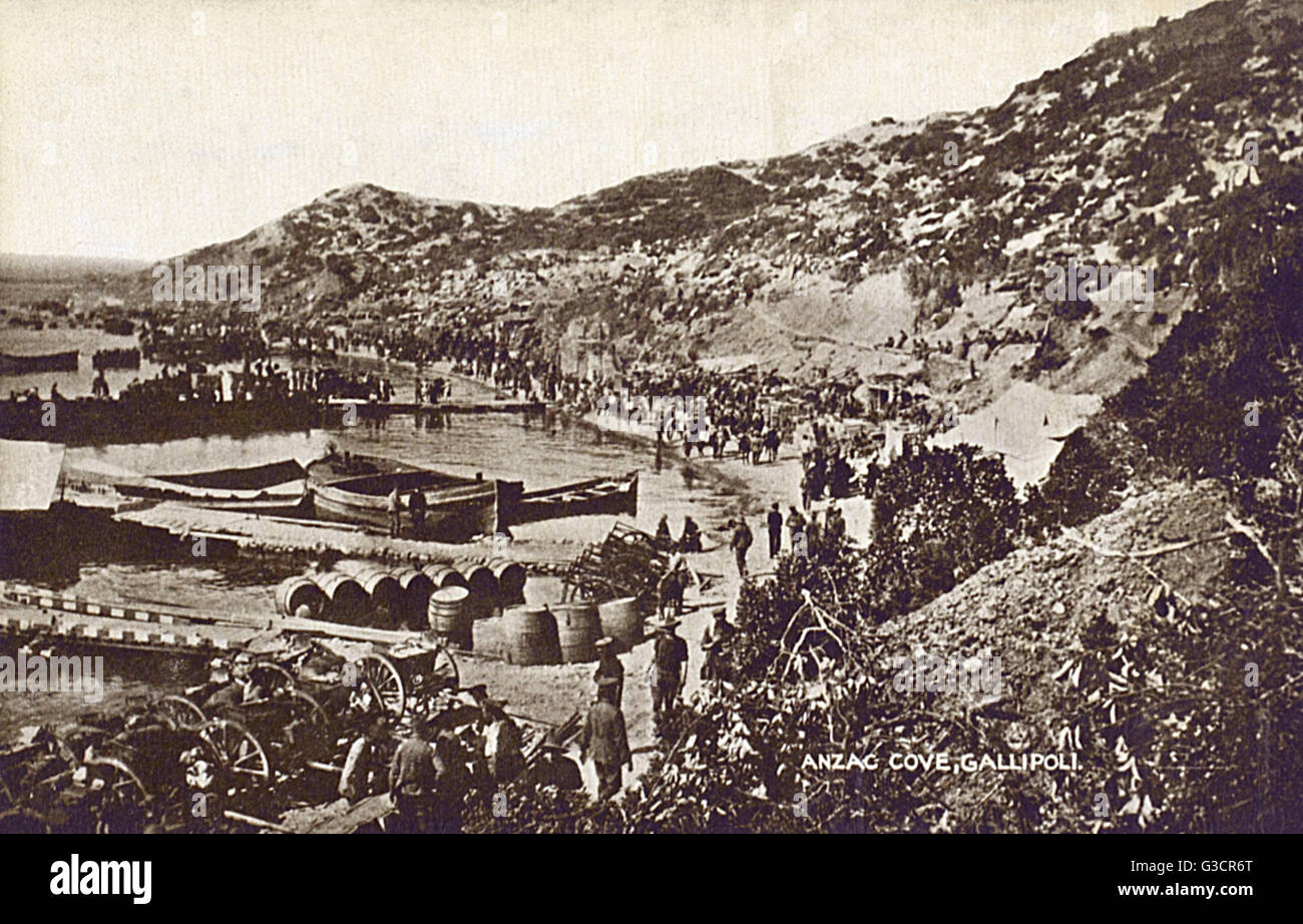 Anzac Cove, Gallipoli Peninsula, Turkey, Dardanelles - WW2 - Landing supplies - view looking towards Ar&#x131;burnu, 1915     Date: 1915 Stock Photo