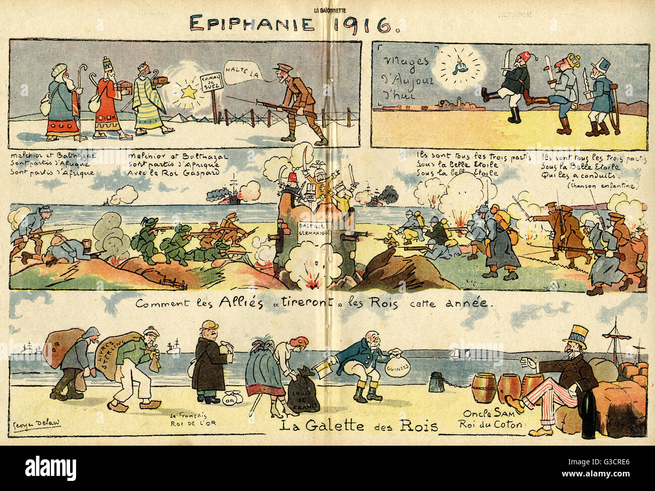 Cartoon, Epiphany 1916, illustrating a contemporary version of a children's song about the Three Kings.  Here, the three kings are from Turkey, Bulgaria and Austria, following the 'star' of Kaiser Wilhelm's shining helmet.  The central image shows how the Stock Photo