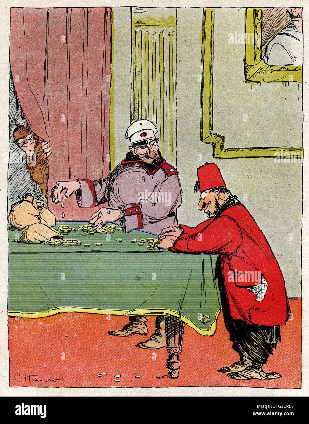 Cartoon, The real Galette des Rois, or Epiphany cake -- King Ferdinand of Bulgaria and Sultan Mehmed V, watched by a smiling German ally, divide a stash of money between them.       Date: 1916 Stock Photo