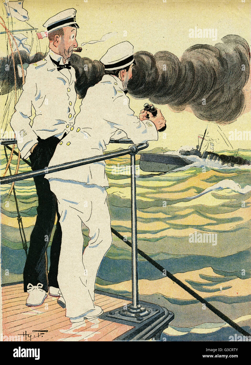 Cartoon, Guarding Salonika.  Two sailors in white uniform on deck, watching the passing shipping.      Date: 1916 Stock Photo